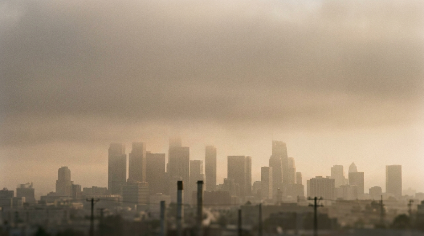 A hazy, smog-covered city skyline