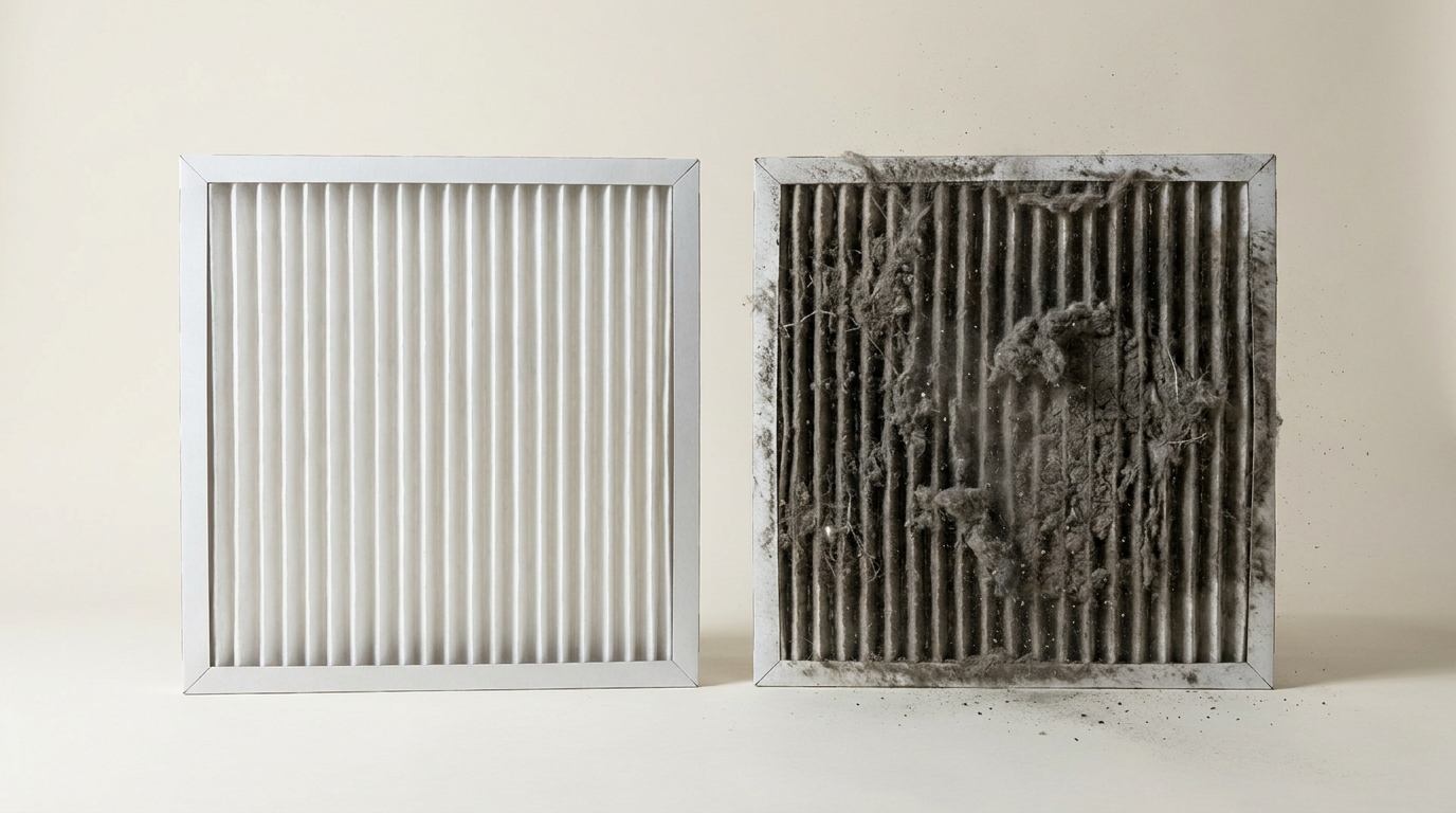 A clean white home air filter beside an identical one clogged black with trapped dust and soot