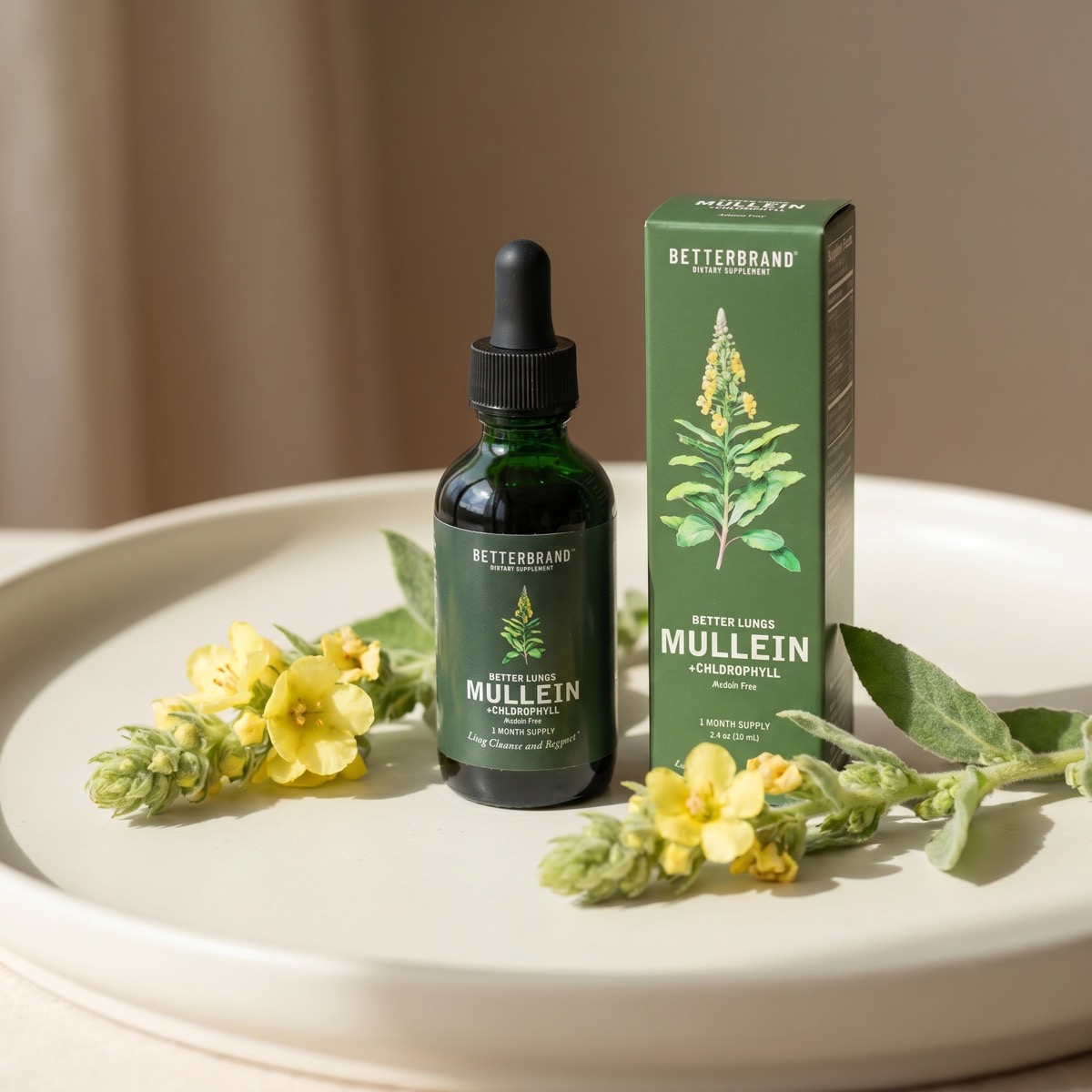 BetterLungs Mullein + Chlorophyll bottle and box with fresh mullein flowers on a soft cream surface