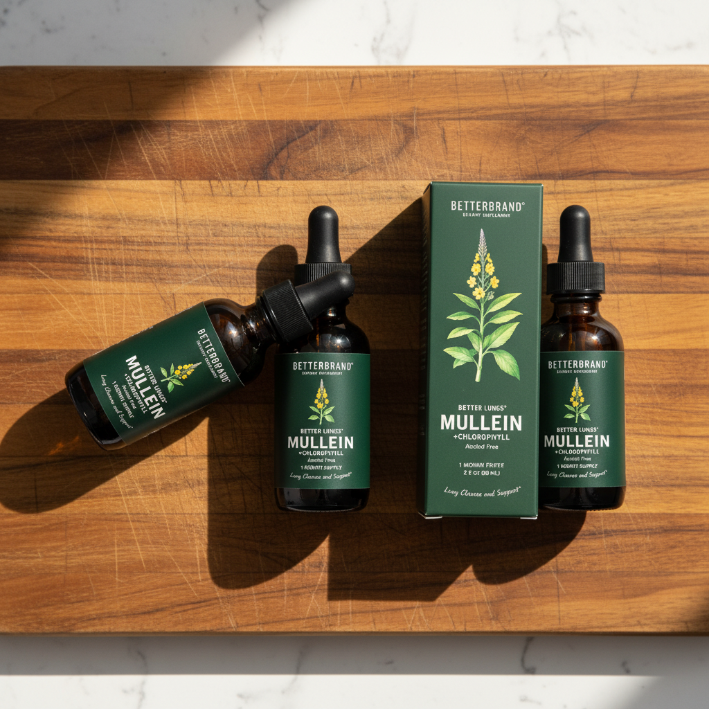 BetterLungs Mullein + Chlorophyll bottle on a sunlit kitchen counter