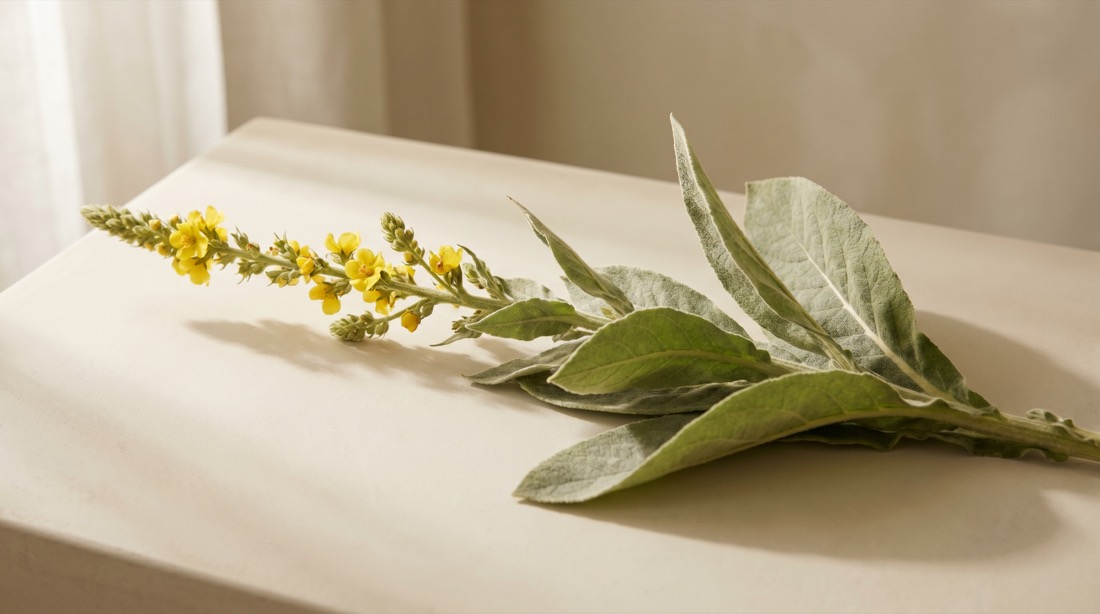 Fresh mullein plant with fuzzy leaves and yellow flowers