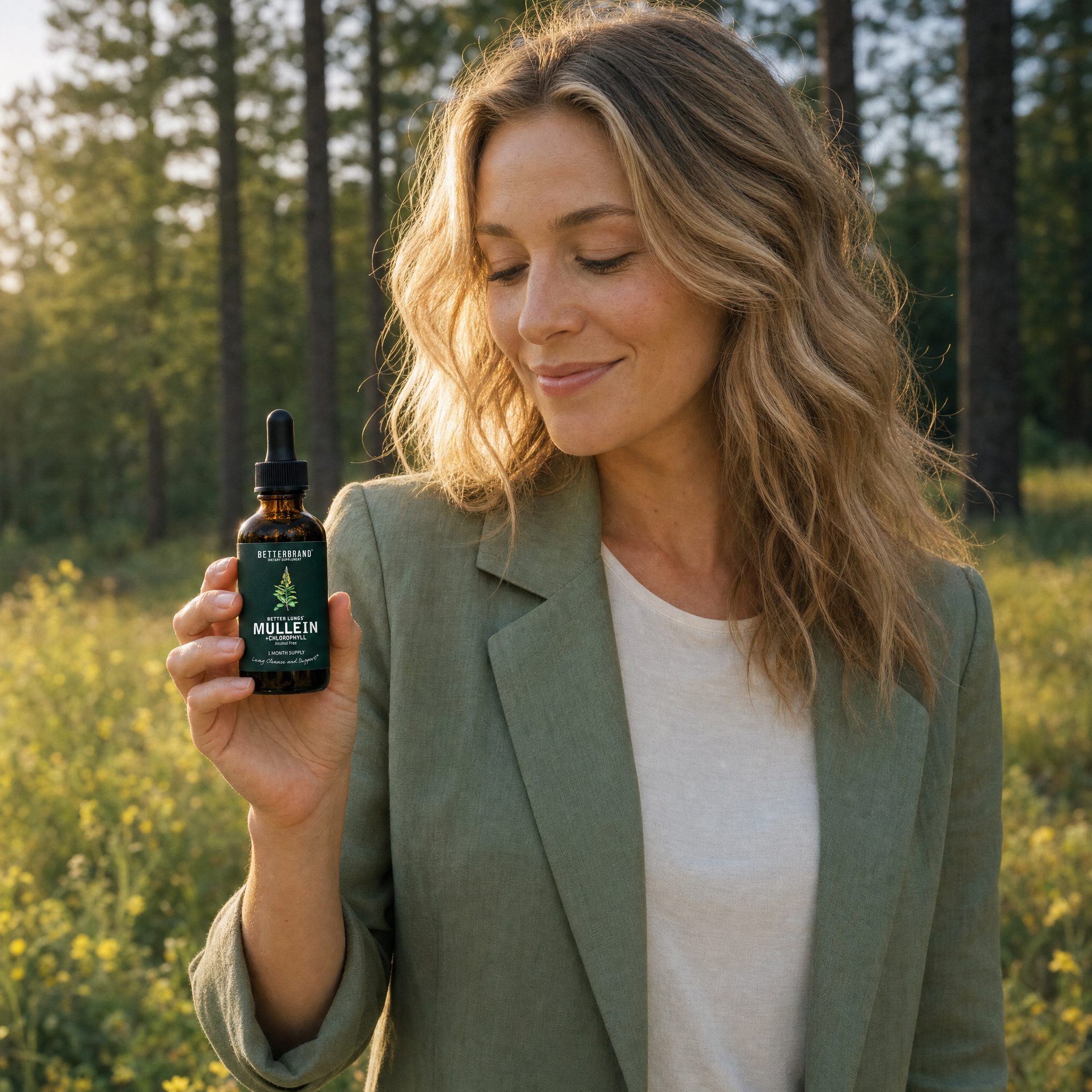 Woman holding BetterLungs Mullein + Chlorophyll bottle in golden-hour forest